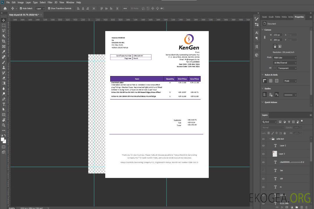 Modèle de facture de services publics d'entreprise Kenya KenGen Electricity Generating Company aux formats Word et PDF template